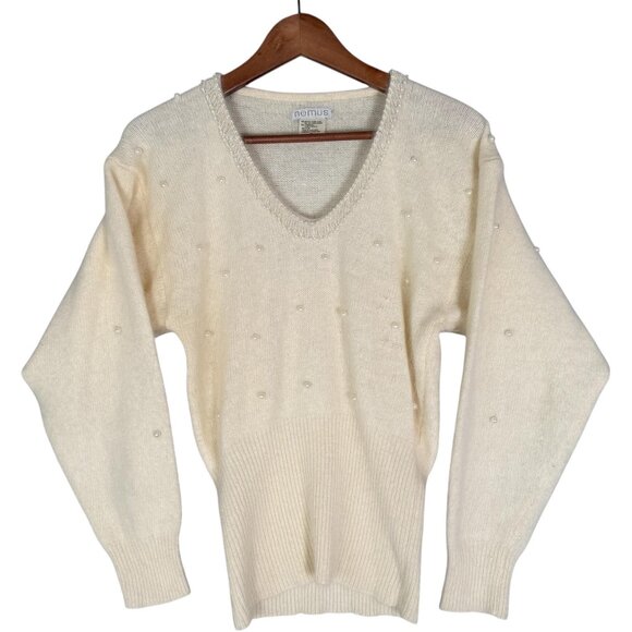 Vintage Angora Lambswool Sweater Pearl Beads Coquette Romantic S - Picture 1 of 7